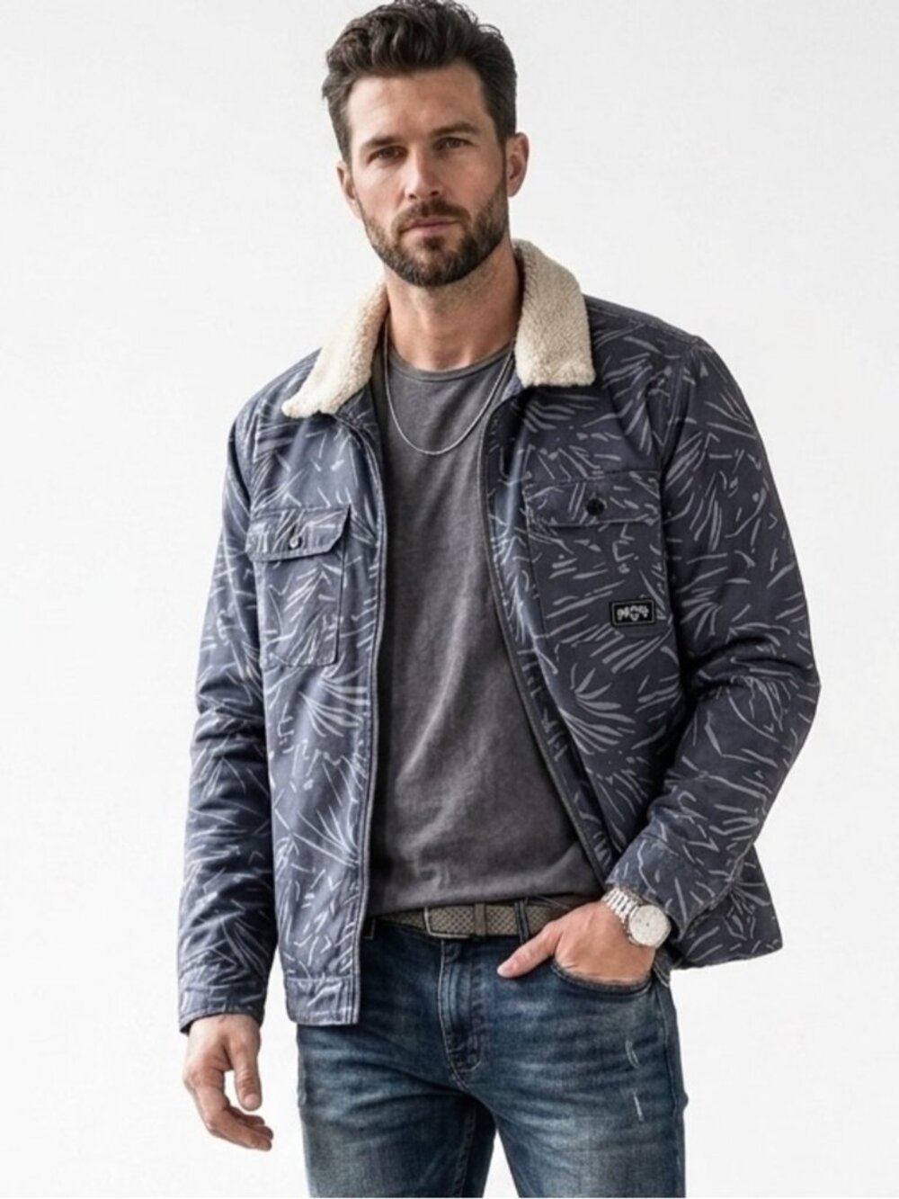 Billabong Men’s Xander Jacket Blue Palm Print Sherpa Collar Full Zip 1857